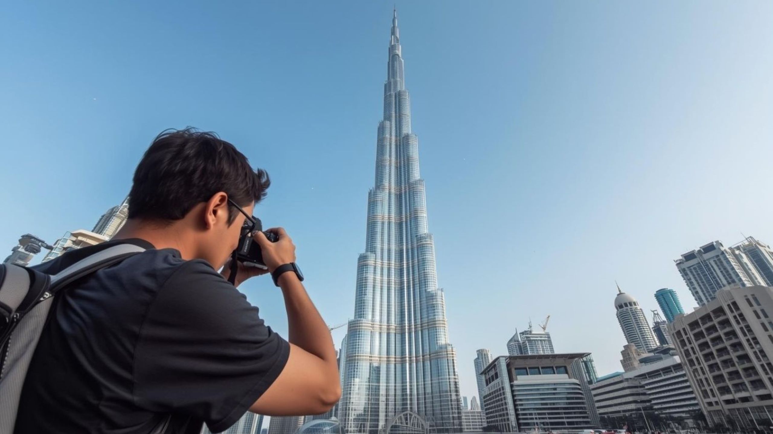 Professional photographer capturing stunning Burj Khalifa and Dubai skyline during sunset, showcasing premium photography spots for visual storytelling