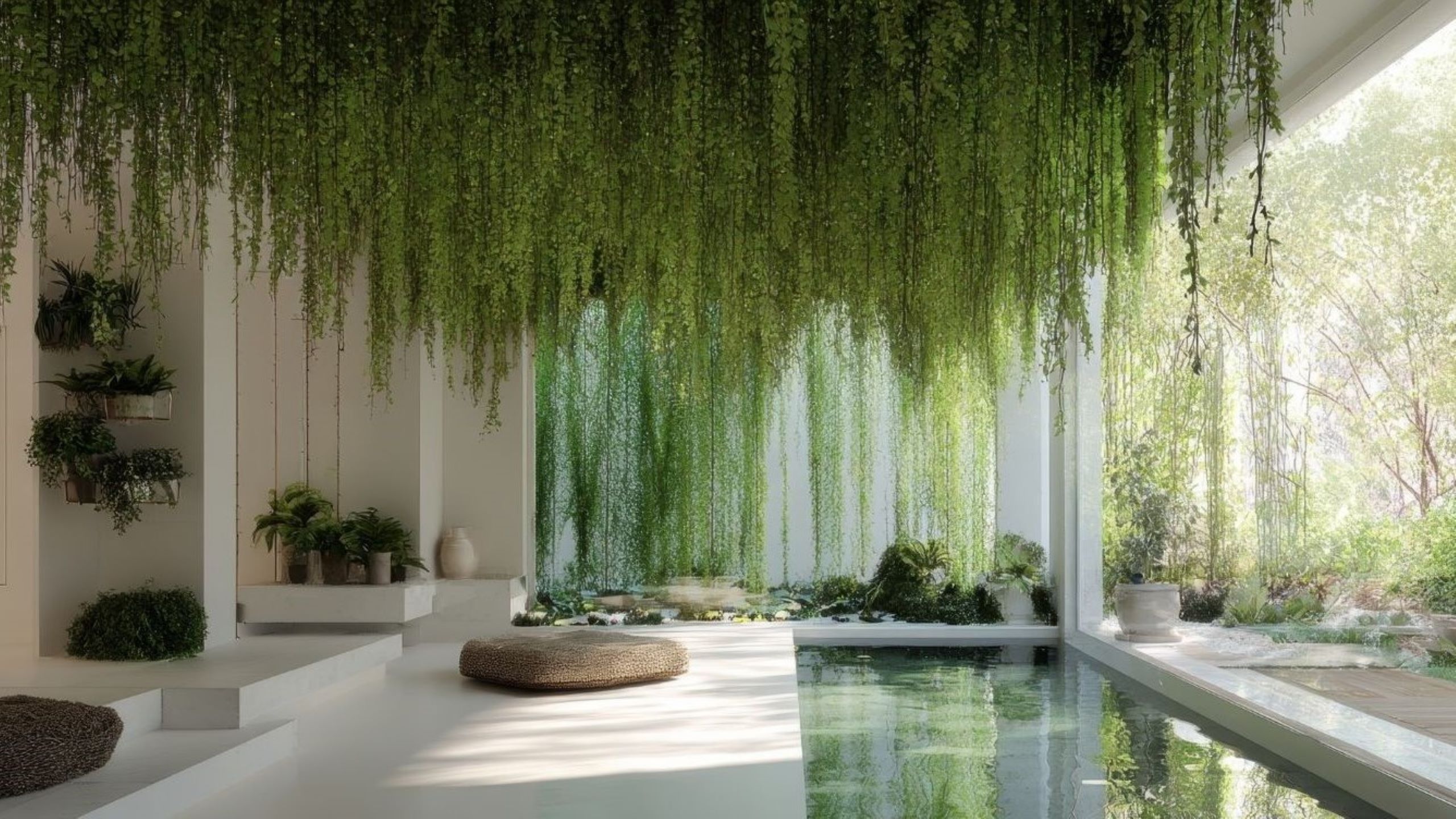 Biophilic interior design incorporating lush indoor plants, water fountain features, and abundant natural lighting to create serene, nature-inspired home environment