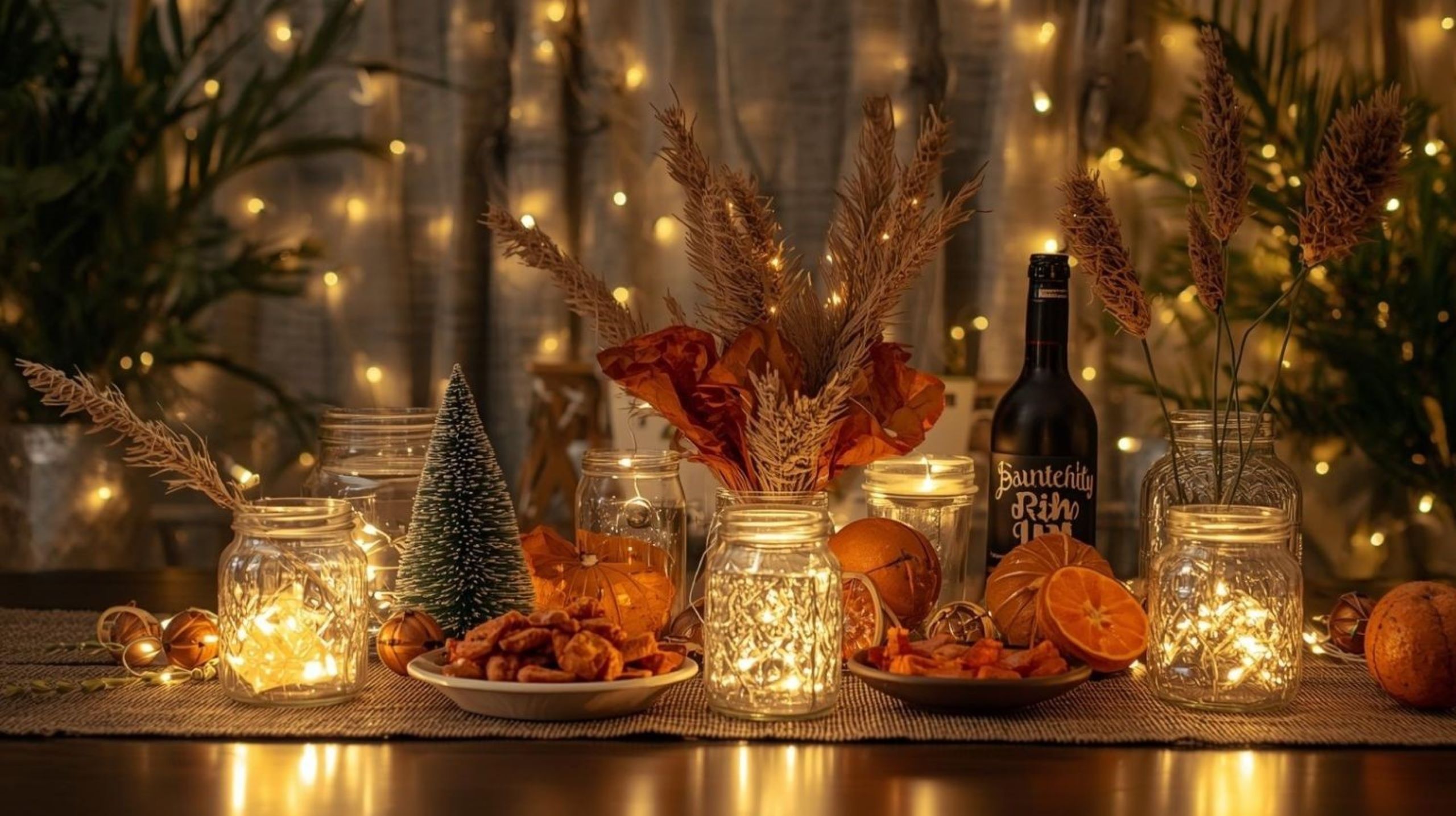 DIY sustainable New Year decor created from natural materials including palm fronds, dried oranges, and glass jars with LED lights, representing eco-friendly Dubai celebrations reducing waste and environmental impact