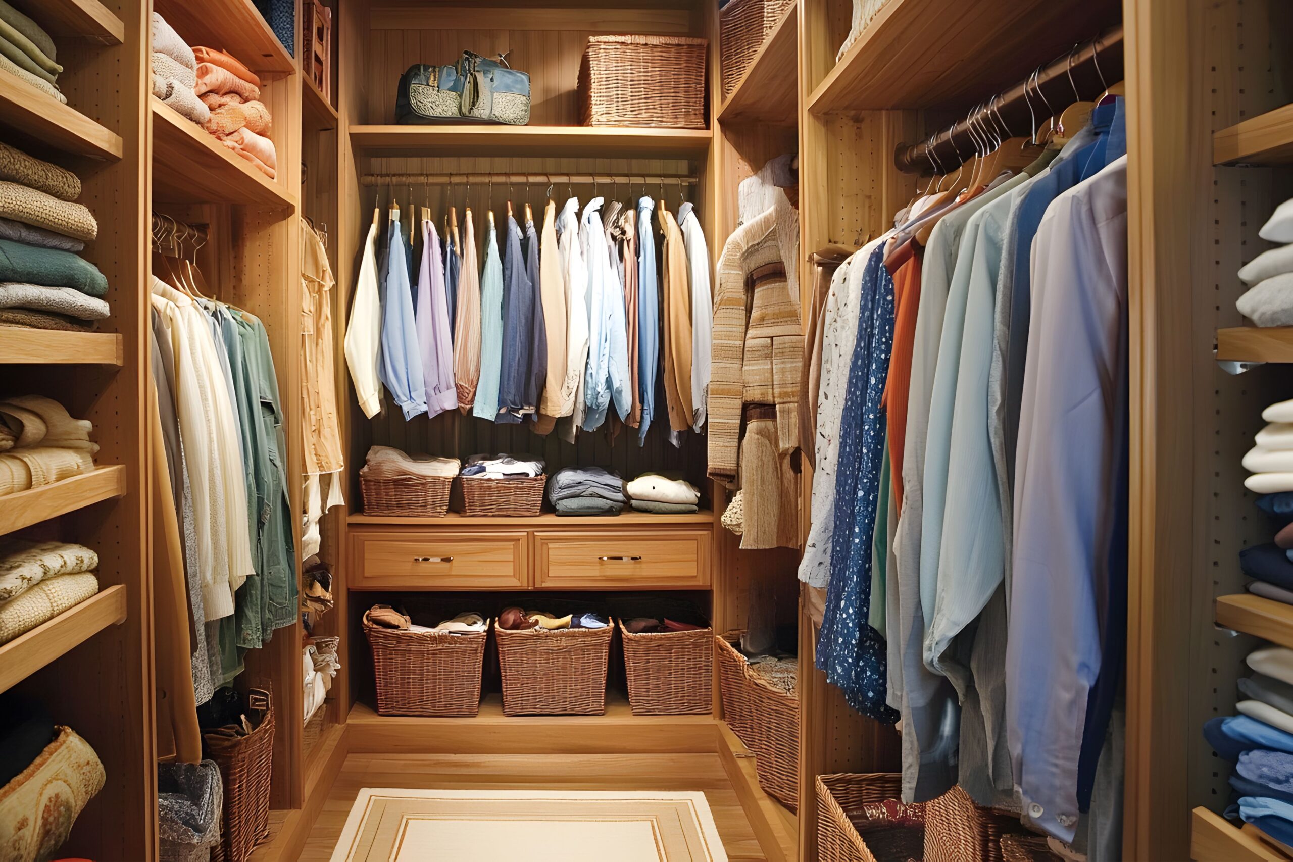 Modern home storage system with white modular shelving units organizing clothes and accessories in Dubai apartment walk-in closet
