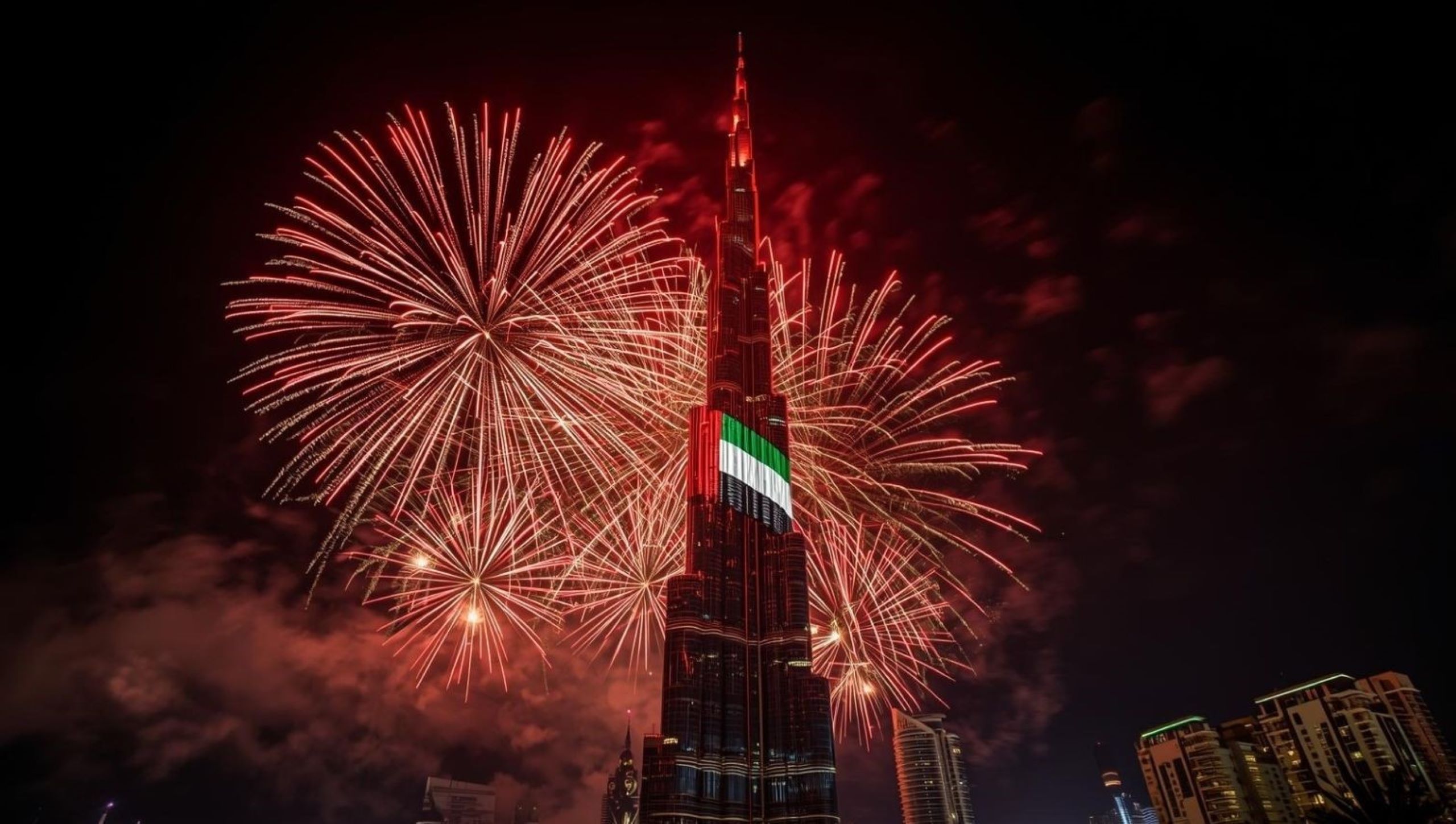 Spectacular UAE National Day fireworks illuminating Burj Khalifa and Dubai skyline during Eid Al Etihad celebrations, showcasing premier national day events attracting thousands