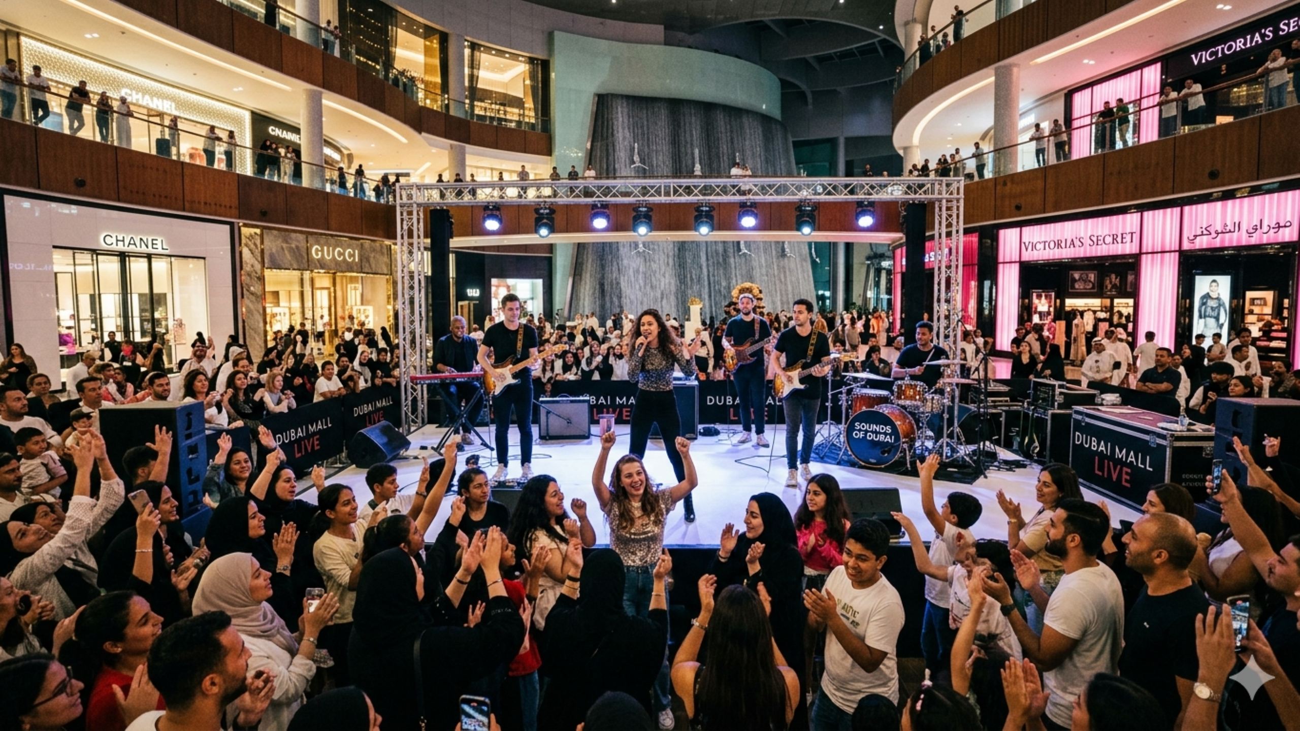 Live music performance in a Dubai Mall atrium with a band on stage, cheering crowd, and luxury storefronts visible.